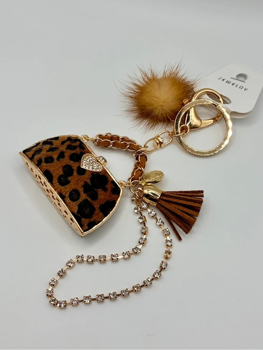Bougie Leopard Print Purse Keychain with Brown Fur Pom Pom and Tassel